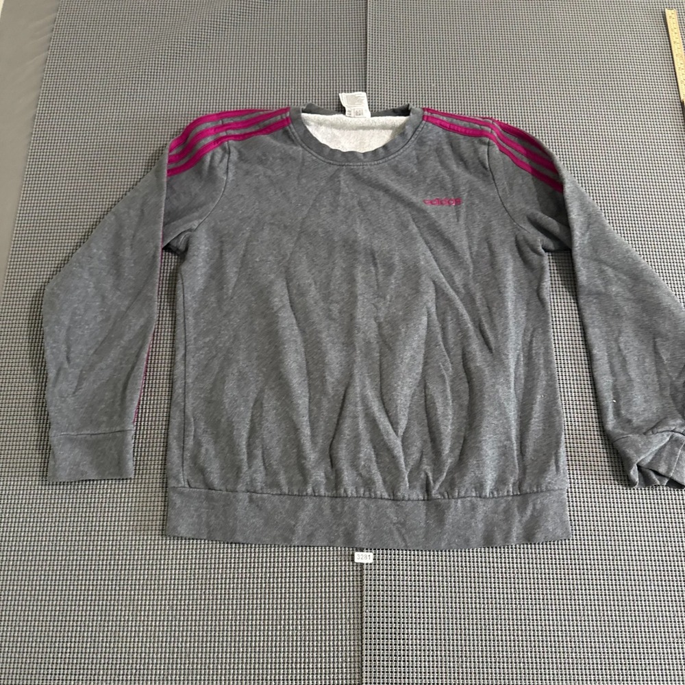 Adidas Womens Grey Pink Stripe Crew Neck Sweatshirt Size L